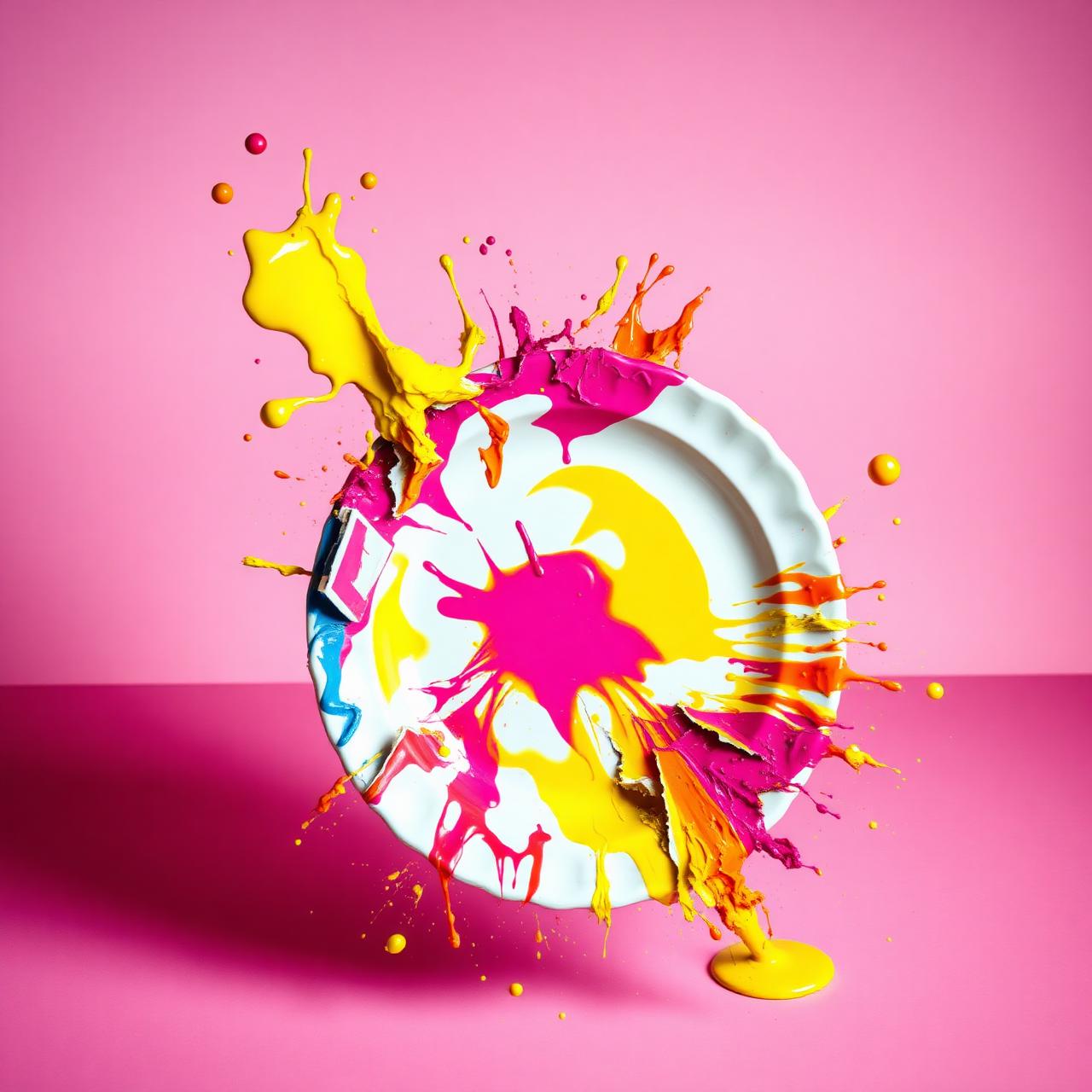 A painted ceramic plate shattering mid-air against a pink background